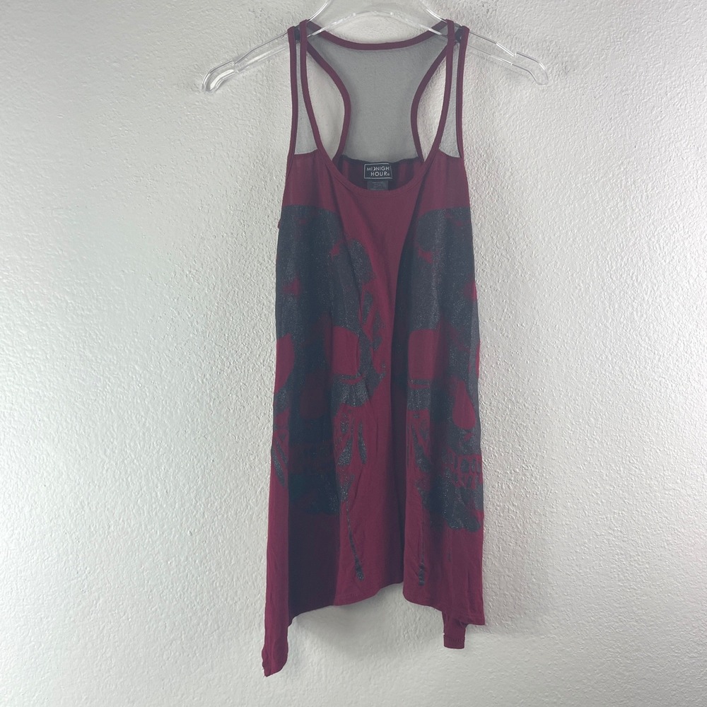 Midnight Hour Skull Graphic Tank Top XS Burgundy Red Gothic Grunge Asymmetrical